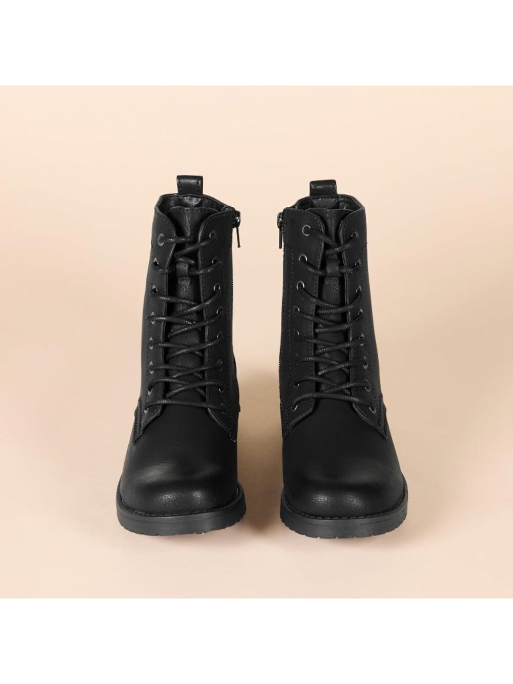 Women's Black Lace Up Combat Side Zipper Lug Sole Faux Leather Ankle Boots - Picture 4 of 5